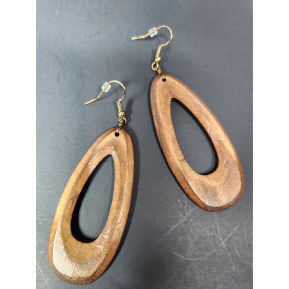 Plunder Wooden Teardrop Dangle Earrings Brown Natural Boho Lightweight Rustic - Picture 6 of 6